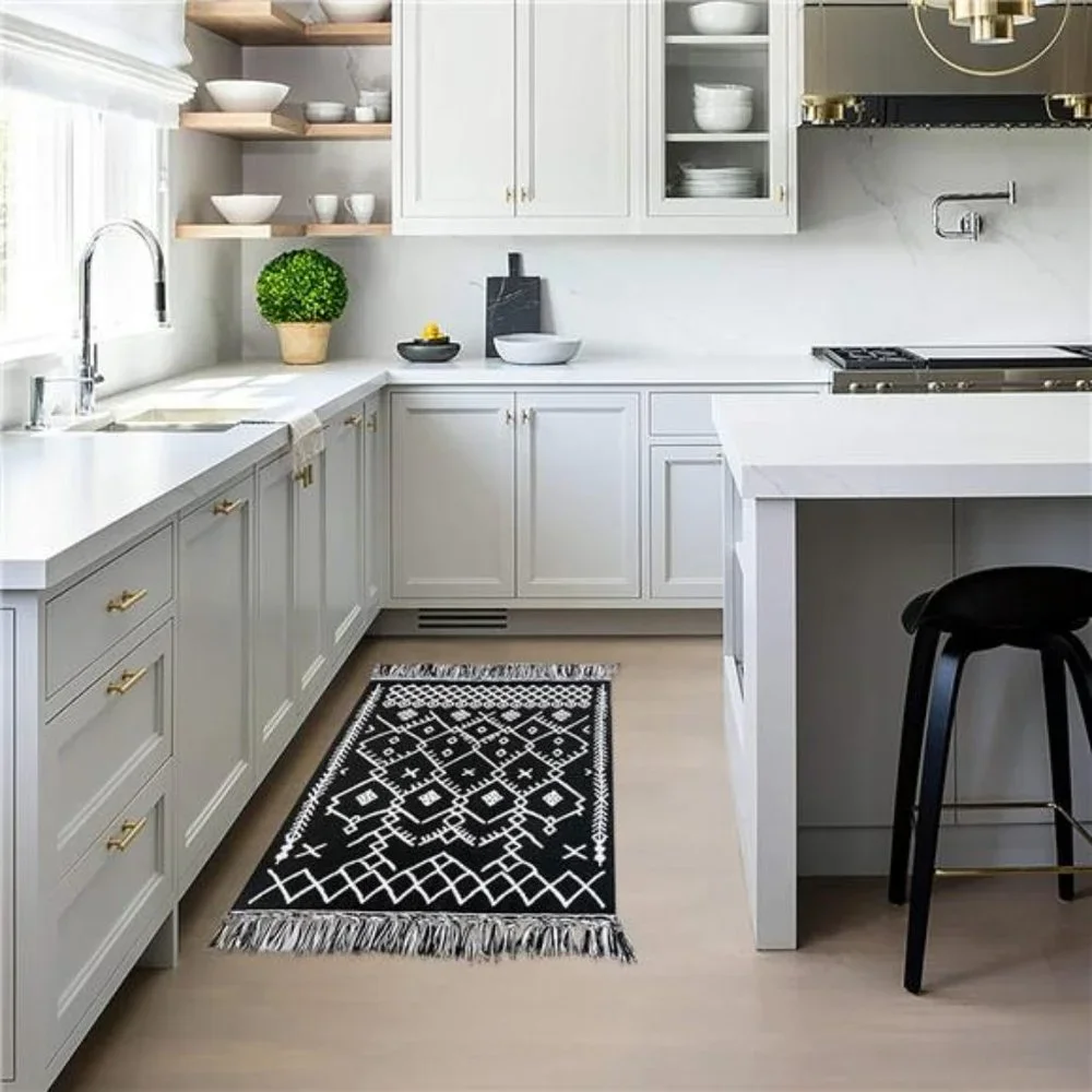 Upgraded Boho Bathroom Rug 2'x3',100% Woven Boho Rug for Bedroom Black White Rug